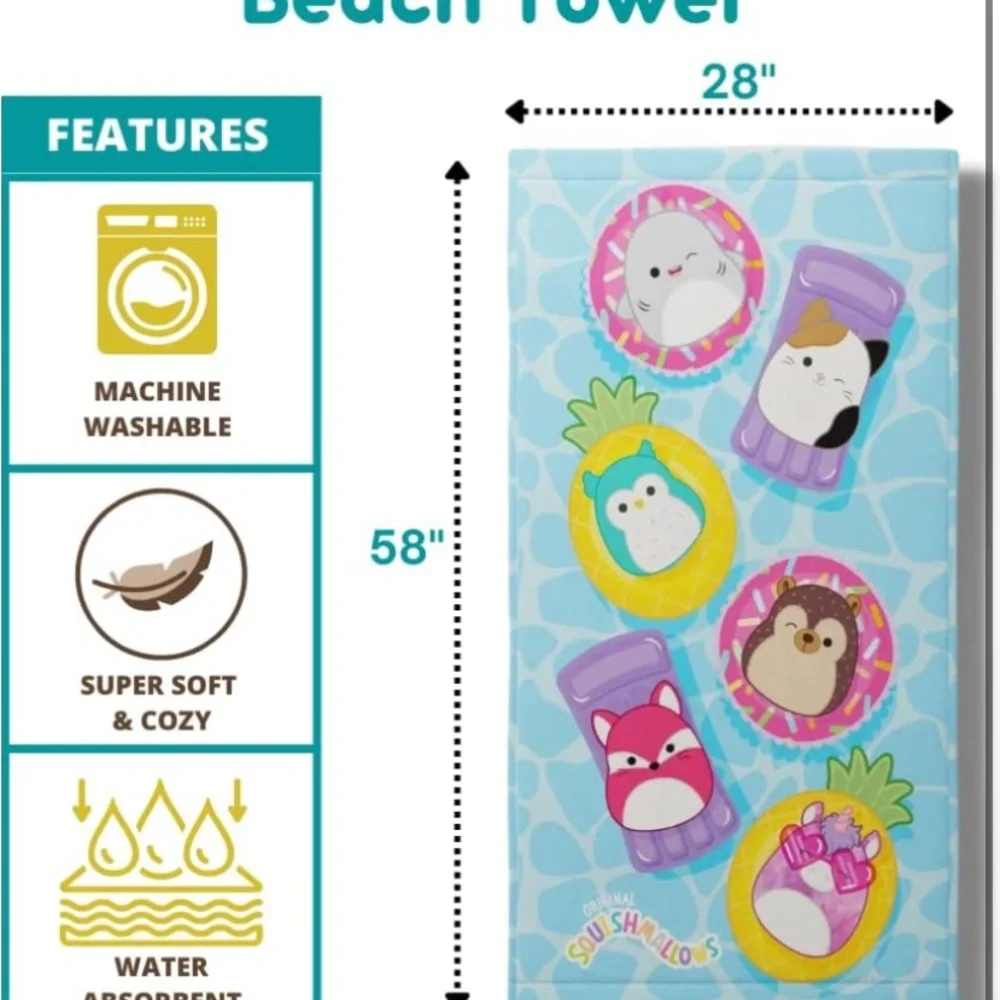 BRAND NEW SQUISHMALLOW SUPER SOFT COTTON BATH/POOL/BEACH TOWEL 58” x 28”. NWT.